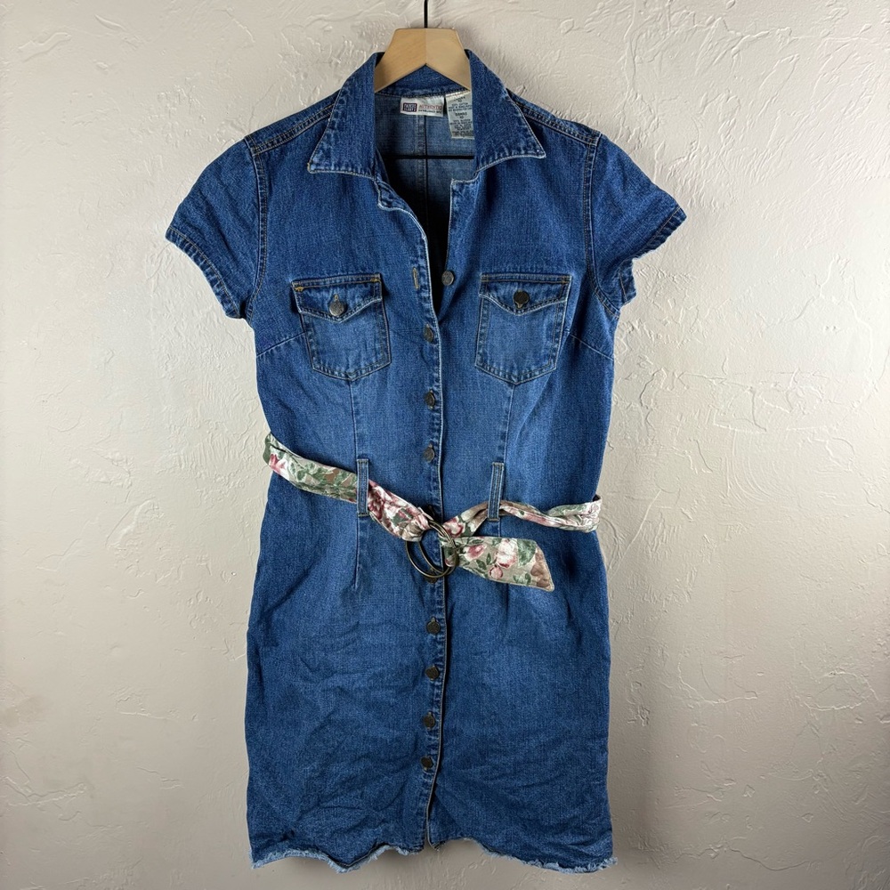Vintage Faded Glory Denim Dress with Floral Belt‎ - Size 10 Y2K 1990s Cotton